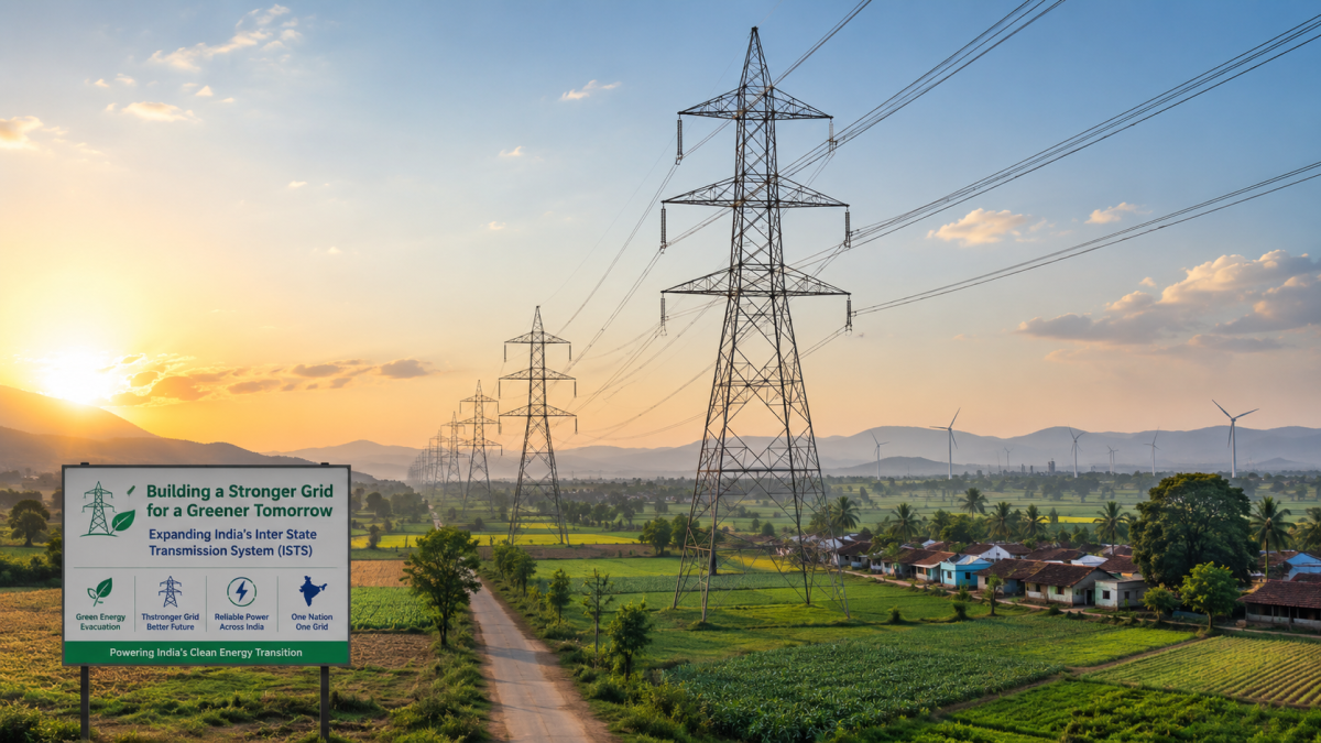 High-voltage power transmission towers cutting across a rural Indian landscape, symbolizing the expansion of India's Inter State Transmission System (ISTS) for green energy evacuation.