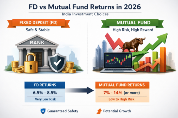 Chart showing India FD vs Mutual Fund returns 2026," "Visual of bank security vs market growth.
