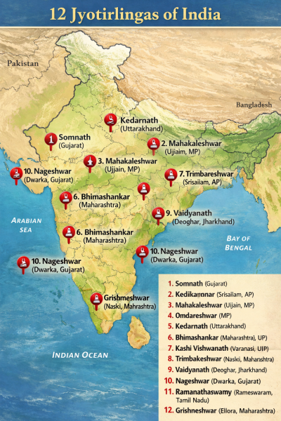 Map showing the geographic locations of the 12 Jyotirlingas across various Indian states including Gujarat, Maharashtra, and Uttarakhand.