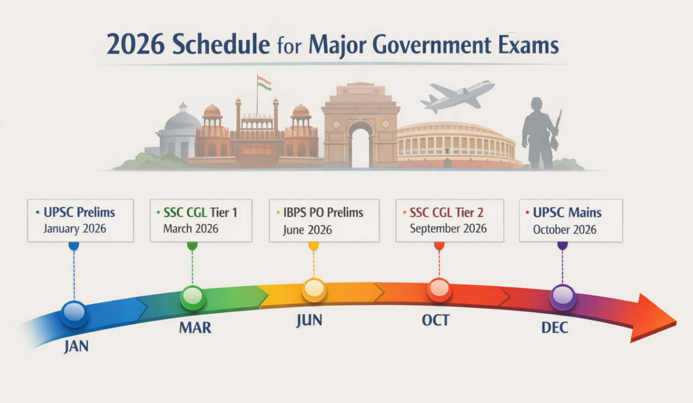Timeline chart displaying the 2026 schedule for major Indian government examinations including UPSC, SSC, and IBPS.