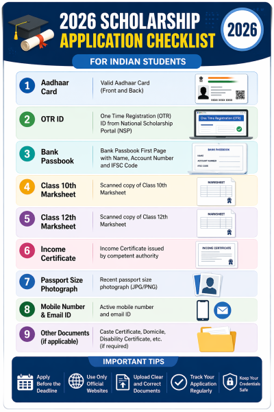 Infographic showing the 2026 scholarship application checklist for Indian students including Aadhaar Card, OTR ID, and Bank Passbook.