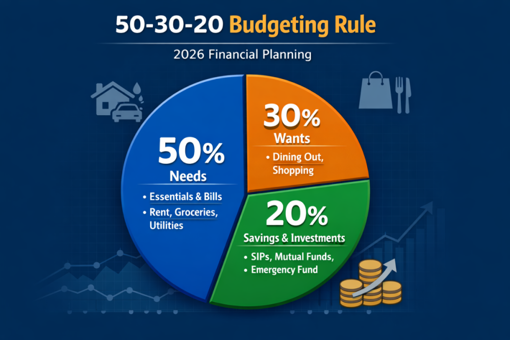 A pie chart illustrating the 50-30-20 budgeting rule for 2026 financial planning.