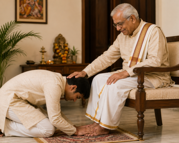 A younger person respectfully touching the feet of an elderly person, illustrating the traditional Hindu gesture of Charan Sparsh.