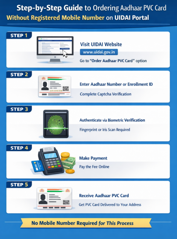 Step-by-step guide to ordering Aadhaar PVC card without registered mobile number on UIDAI portal.