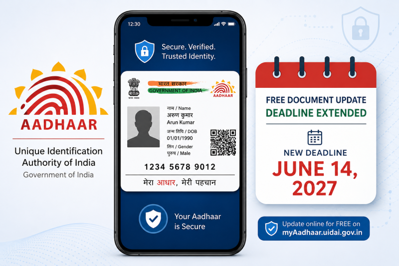 Official UIDAI logo placed next to a secure digital rendering of an Aadhaar card on a smartphone screen, with a clean calendar icon highlighting the extended deadline date of June 14, 2027.