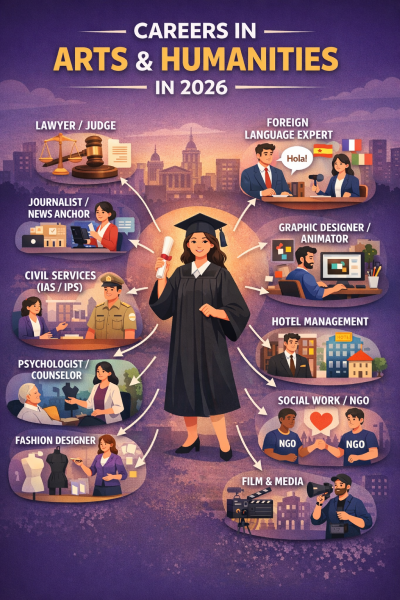 Infographic showing diverse career paths for Arts and Humanities students in 2026.