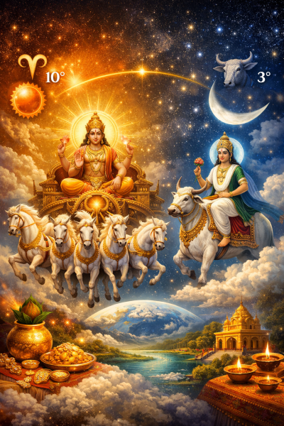 Infographic showing the Sun at 10 degrees Aries and Moon at 3 degrees Taurus during Akshaya Tritiya.