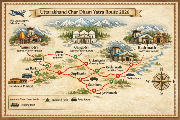 Map of the Uttarakhand Char Dham Yatra route 2026.