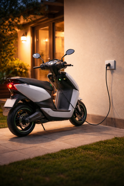 Electric scooter plugged into a standard home wall socket for overnight charging.