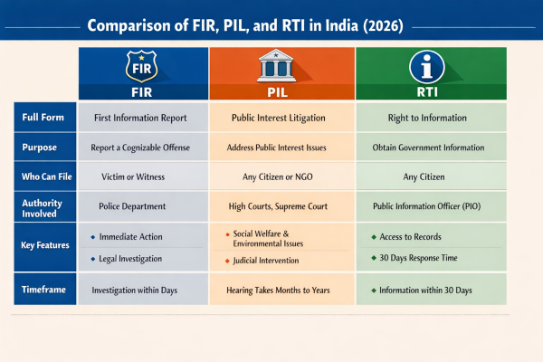 A structured comparison table of FIR, PIL, and RTI legal mechanisms in India for 2026.