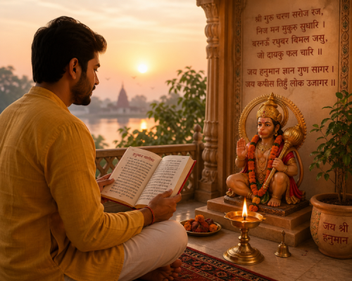 Devotee chanting Hanuman Chalisa in a peaceful morning setting with a lit lamp.