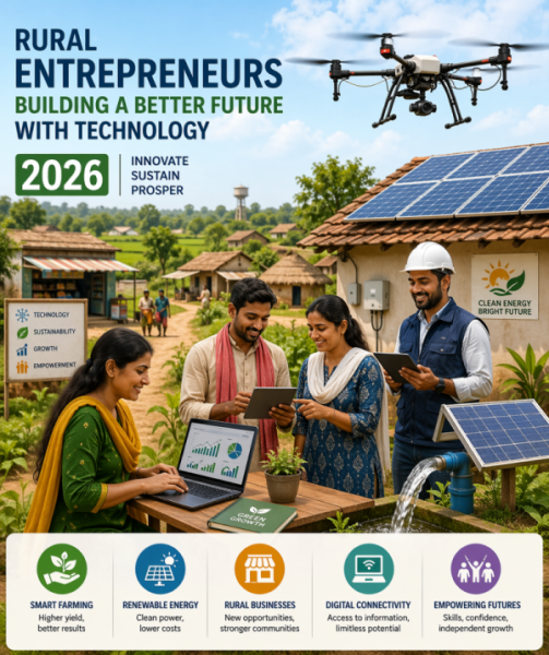 Infographic showing rural entrepreneurs using drones and solar panels in an Indian village setting 2026.