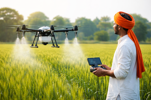 Indian farmer operating a DGCA-approved agricultural drone for pesticide spraying in a green wheat field.