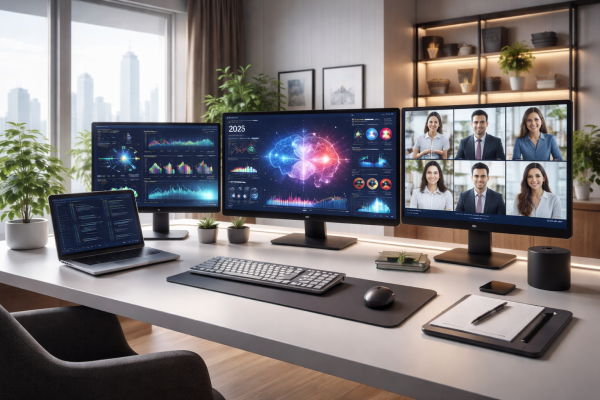 A modern home office setup in 2026 with multiple monitors showing AI data visualizations and a video conference in progress.