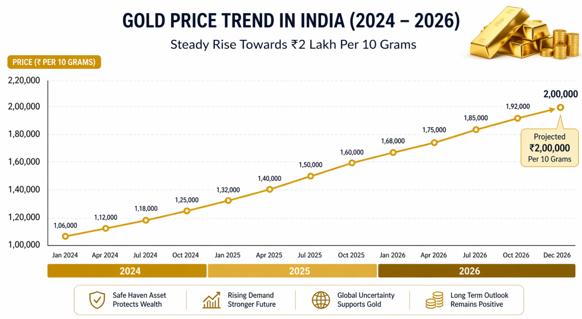 Line chart showing the steady rise of gold prices in India from 2024 to the projected ₹2 lakh mark in late 2026.
