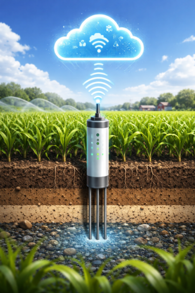 A high-tech agricultural probe embedded in soil layers, transmitting wireless data waves to a cloud icon.