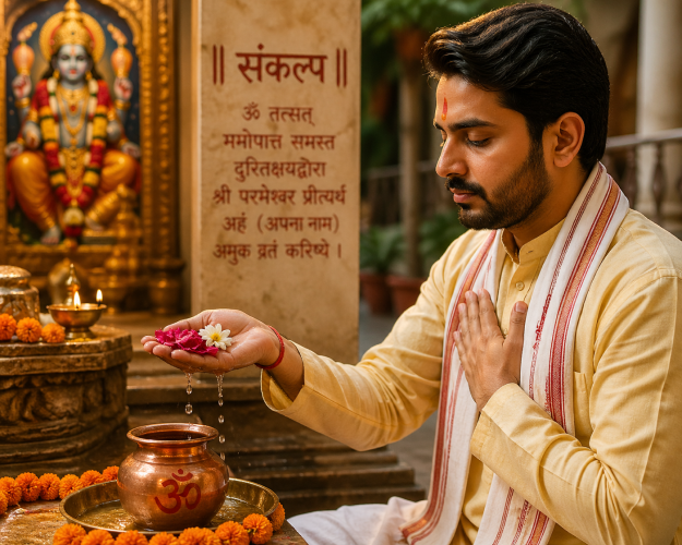 A devotee taking a holy vow (Sankalpa) with water and flowers in hand.