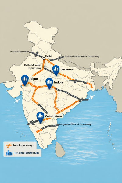 Map of India highlighting new expressways and high-growth Tier-2 real estate hubs including Lucknow, Jaipur, Indore, and Coimbatore.