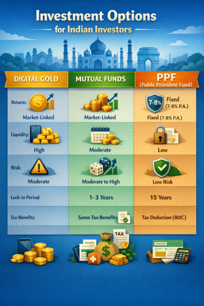 Infographic comparing Digital Gold, Mutual Funds, and PPF for Indian investors.