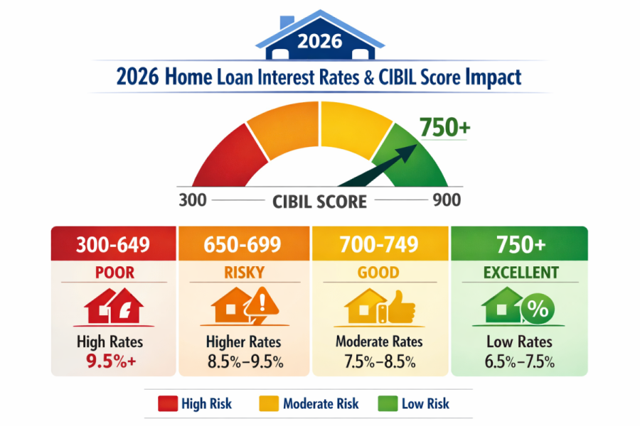 Infographic showing CIBIL score ranges from 300 to 900 and their impact on 2026 home loan interest rates.