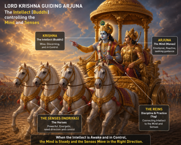 Illustration of Lord Krishna guiding Arjuna on a chariot, symbolizing the intellect controlling the mind and senses.