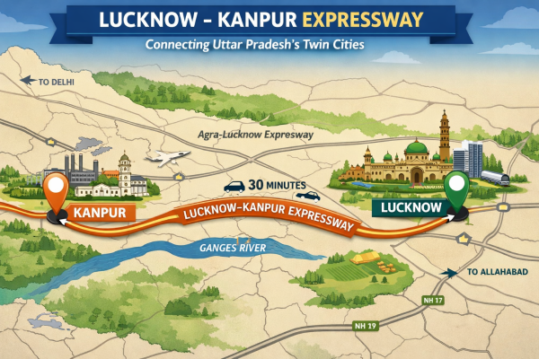 Map showing the Lucknow-Kanpur Expressway connecting the two major cities of Uttar Pradesh.