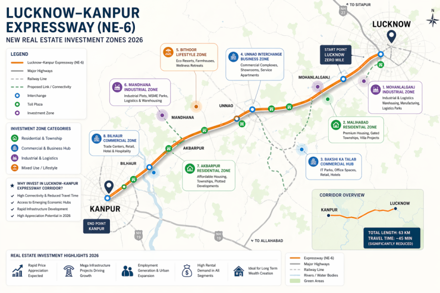 Map of the Lucknow-Kanpur Expressway (NE-6) highlighting new real estate investment zones in 2026.