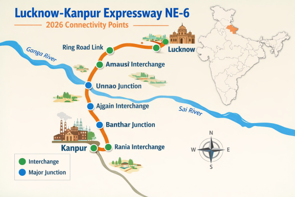 Map of the Lucknow-Kanpur Expressway NE-6 showing 2026 connectivity points.