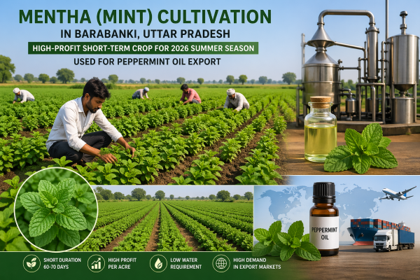 Mentha (mint) crop cultivation in Barabanki, Uttar Pradesh, a high-profit short-term crop for the 2026 summer season used for peppermint oil export.