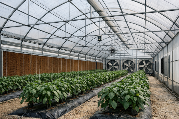 Modern hi-tech polyhouse structure in Uttar Pradesh with fan and pad cooling system for climate-controlled vegetable farming.