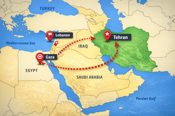 Map of the Middle East highlighting Tehran, Gaza, and Lebanon to illustrate the geopolitical tension points mentioned by Mohamad Safa.