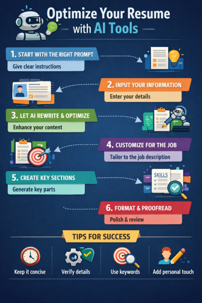 Infographic showing the steps to optimize a resume using AI tools for better recruitment results.