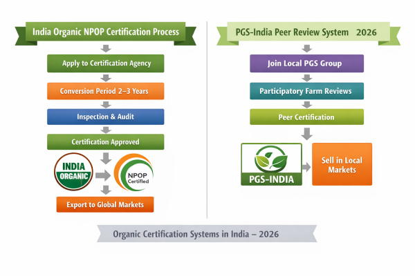 Flowchart showing the India Organic NPOP certification process and PGS-India peer review system for 2026.