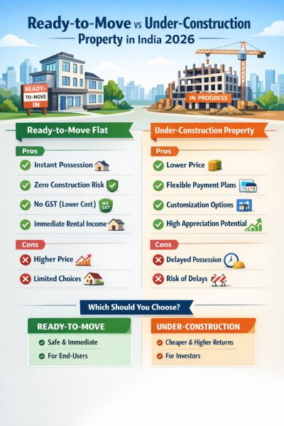 Infographic comparing Ready-to-Move vs Under-Construction property benefits in India 2026.