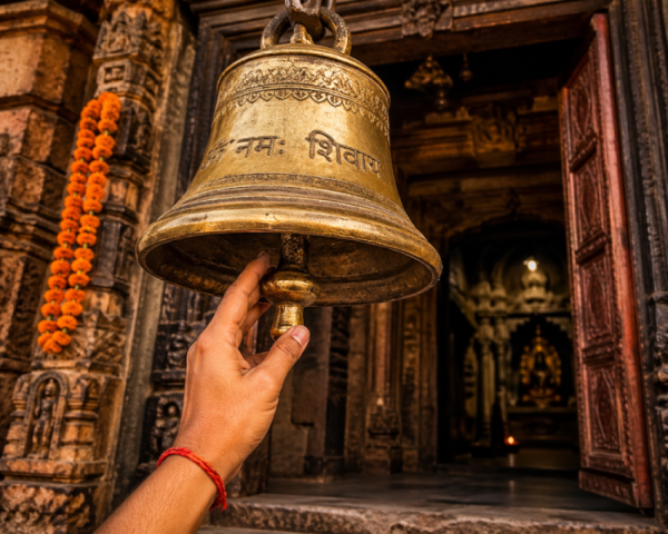 A close-up of a hand reaching to ring a heavy brass bell at the entrance of an ancient Indian temple, symbolizing the start of a spiritual journey.