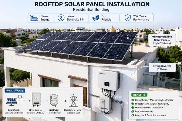 Rooftop solar panel installation showing monocrystalline panels and string inverter on a residential building.