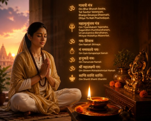 A peaceful devotee meditating with a glowing diya while chanting sacred Hindu mantras for success, protection, and inner peace.