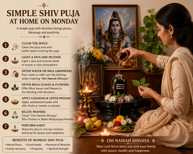 Simple Shiv Puja at home on Monday with a devotee offering water and Bilva leaves to a Shivling, lit diya, incense, flowers, and peaceful spiritual atmosphere.