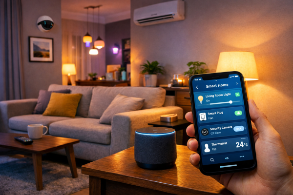 A modern Indian living room with smart lighting, a smart speaker on a side table, and a smartphone app controlling the home environment.