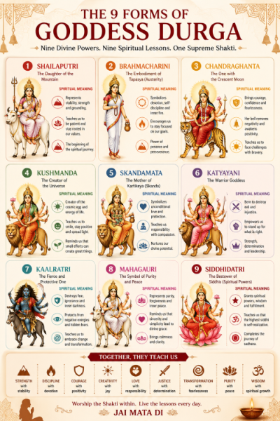 Infographic showing the 9 forms of Goddess Durga and their spiritual meanings.