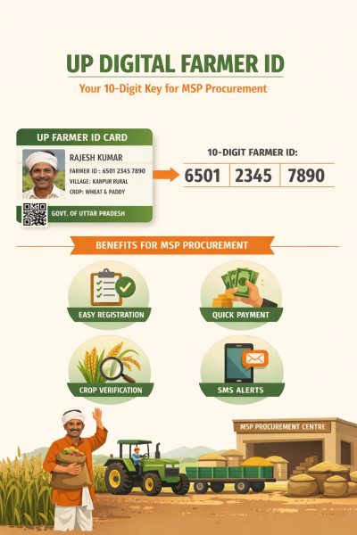 Infographic showing the 10-digit UP Digital Farmer ID and its benefits for MSP procurement.