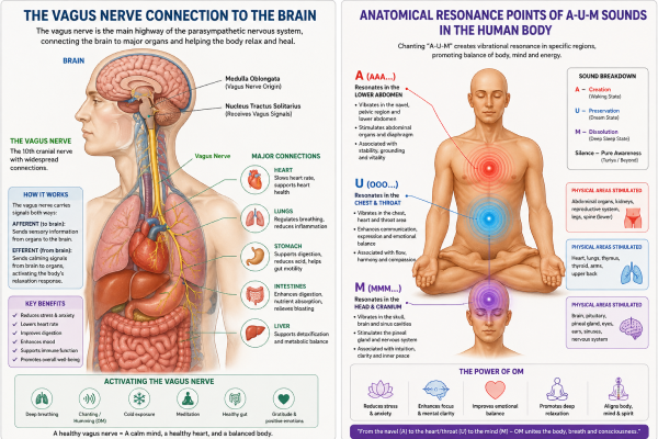 Diagram of the Vagus Nerve connection to the brain," "Anatomical resonance points of A-U-M sounds in the human body.
