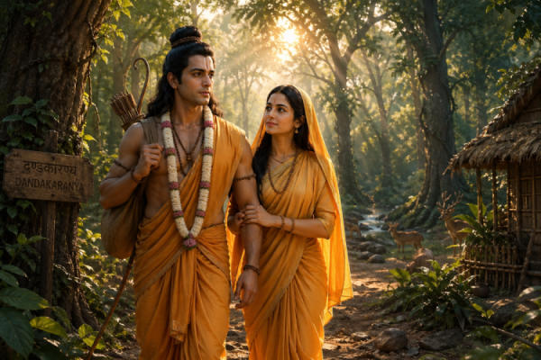 Rama and Sita in the Dandakaranya forest, showing resilience and companionship during hardship.