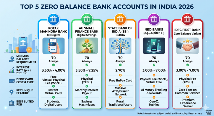 Comparison chart of top 5 zero balance banks in India 2026 showing interest rates and features.