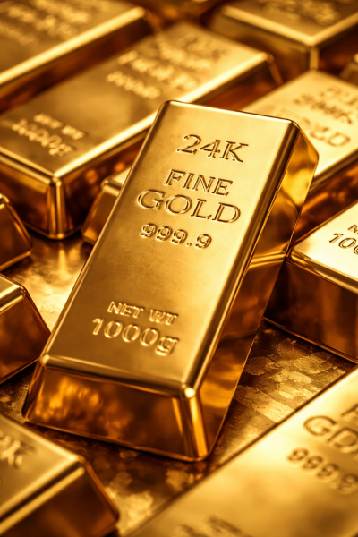 Close-up of 24K gold bullion bars representing financial security.