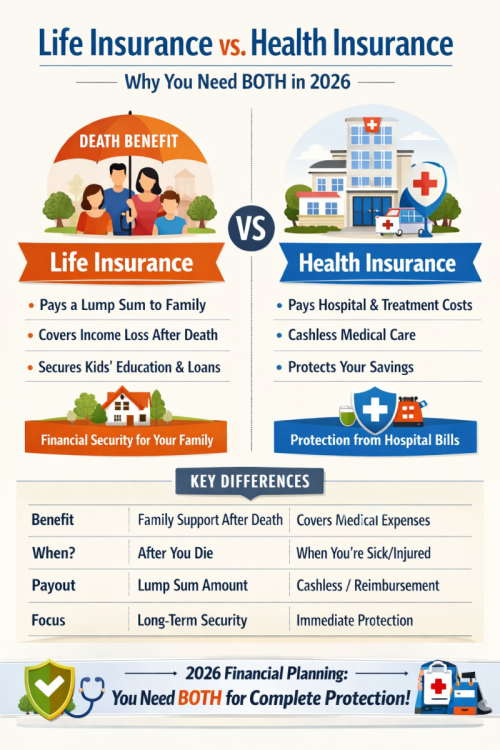 Infographic showing the comparison between life insurance (death benefit) and health insurance (medical expenses) for 2026 financial planning.