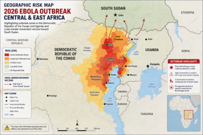 Geographic risk map of Central and East Africa highlighting the 2026 Ebola outbreak zones across the Democratic Republic of the Congo and Uganda, showing cross-border movement vectors toward South Sudan.