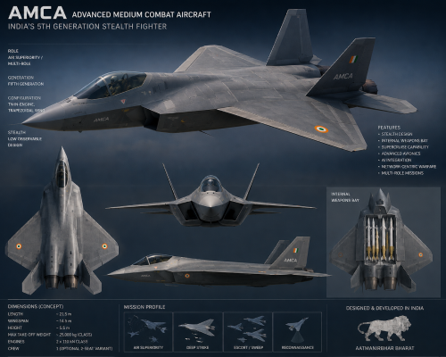 Official concept design illustration of India's twin-engine AMCA fifth-generation stealth fighter jet featuring a trapezoidal wing profile and internal weapons bay.