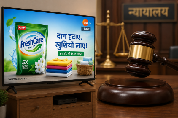 टीवी स्क्रीन पर विज्ञापन का दृश्य और कोर्ट का न्यायदंड (हैमर).