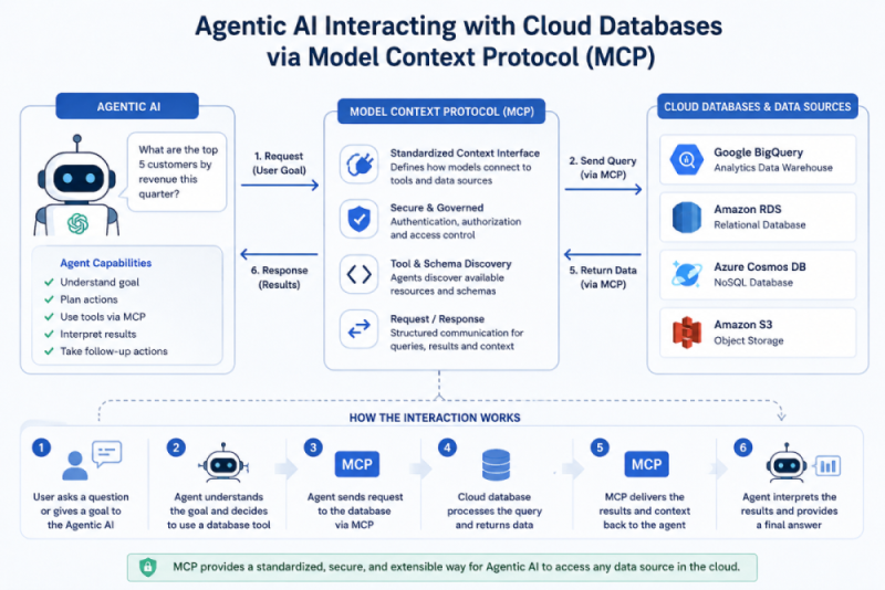 Image demonstrating Agentic AI interacting with cloud databases via Model Context Protocol